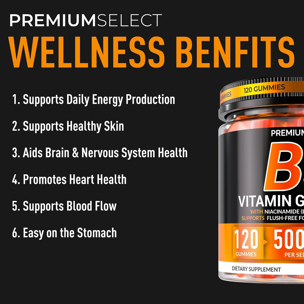 Premium Select Nutrition – Vitamina B3 Gominolas de Niacinamida 500mg – Sin Rubor – con Vitaminas A y E – 120 Gominolas Veganas – Sin OGM, Sin Azúcar, Sin Gluten – Suministro para 2 Meses