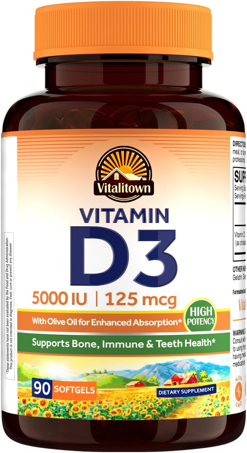 Vitalitown Vitamina D3 125 mcg (5000 UI) - 90 Cápsulas Blandas con Aceite de Oliva