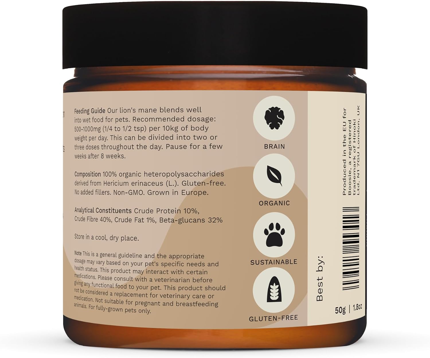 Boosie Polvo Adaptógeno Orgánico para Perros y Gatos - Melena de León - Apoya la Salud Cerebral y el Sistema Inmunológico - 100% Natural Sin Aditivos