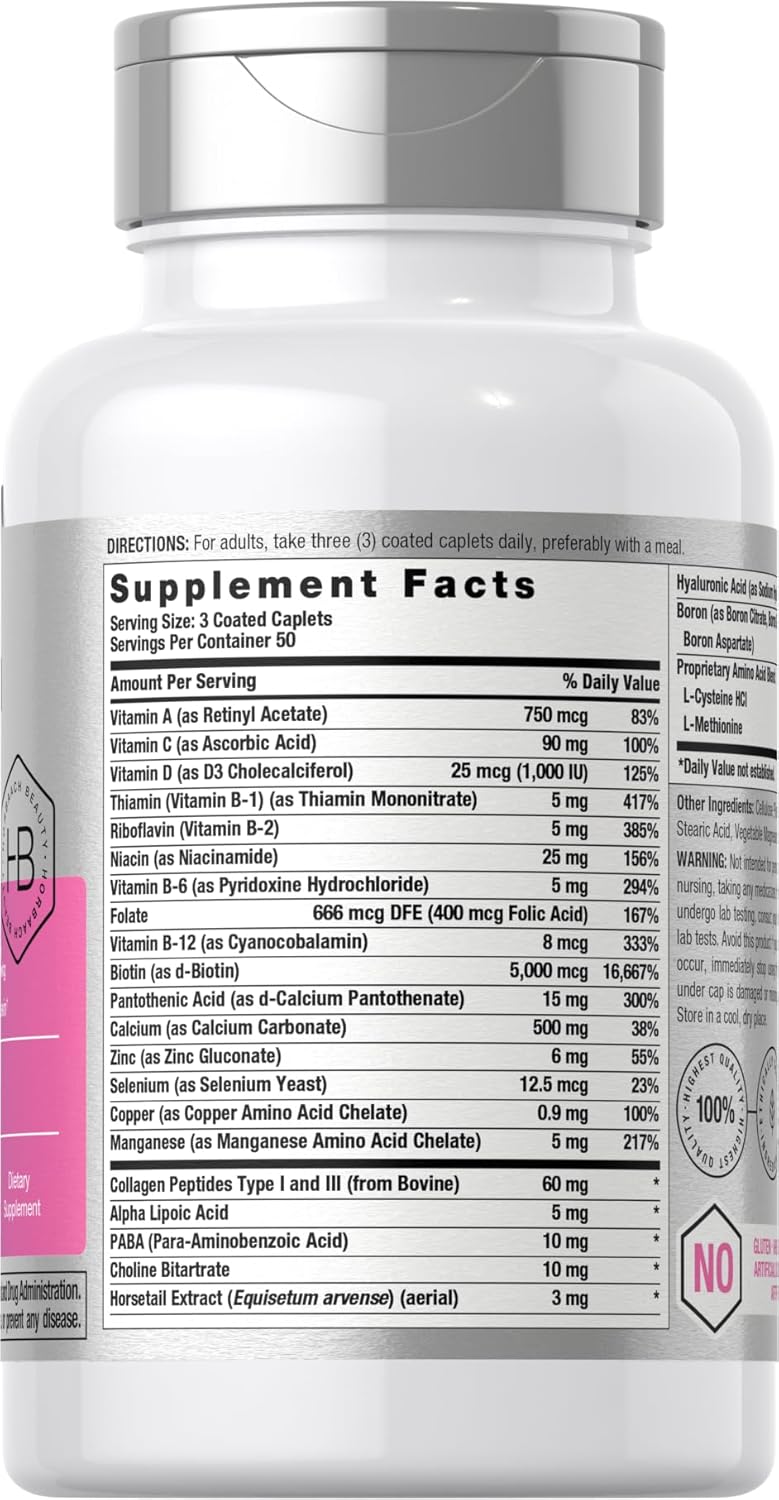 Horbäach Hair Skin & Nails Vitamin Supplement | 150 Coated Caplets | Formula with Biotin and Collagen | Non-GMO & Gluten Free