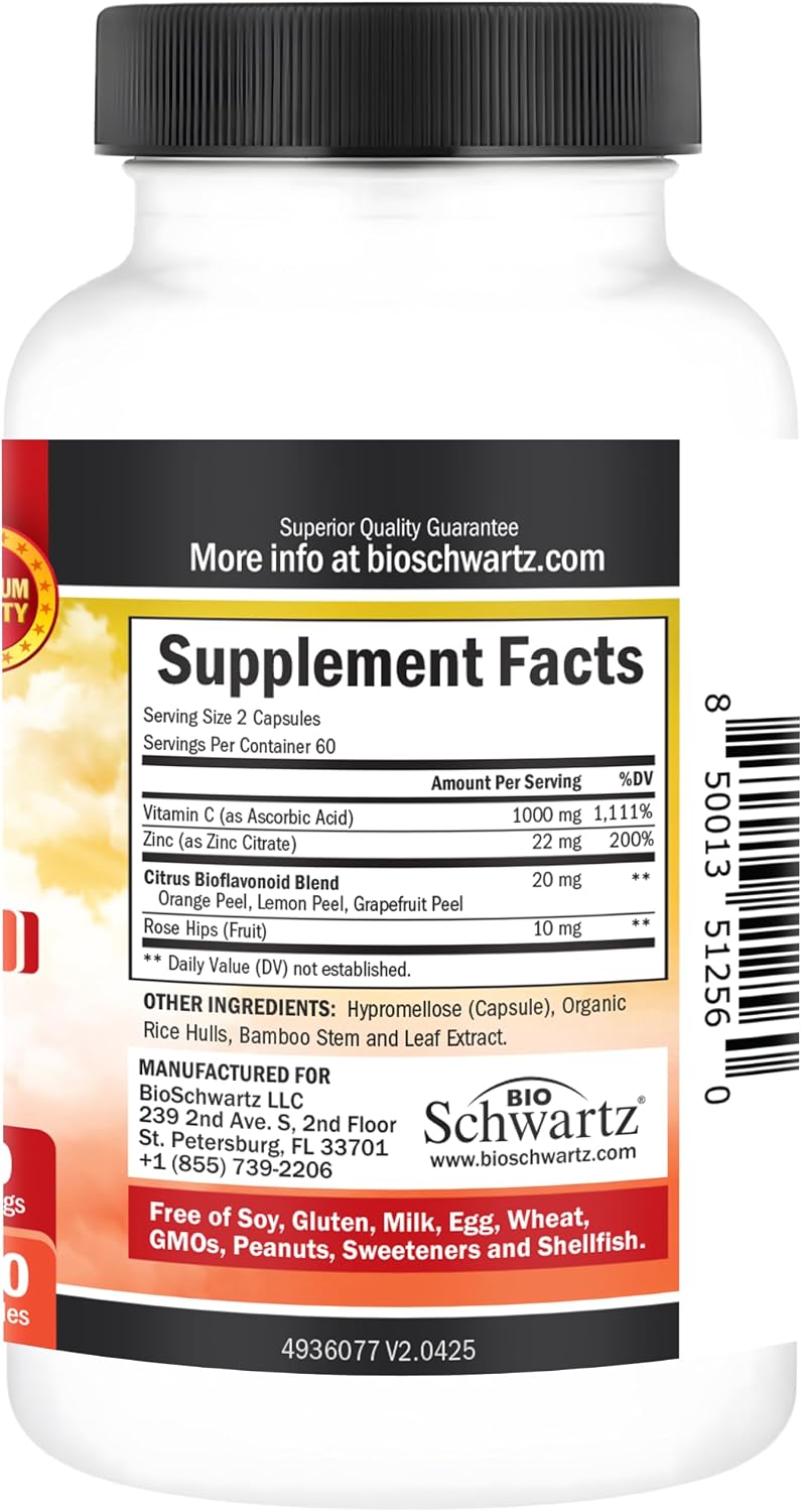 BioSchwartz Complejo de Vitamina C - 1000 mg con Escaramujo, Zinc y Bioflavonoides Cítricos, 120 Cápsulas