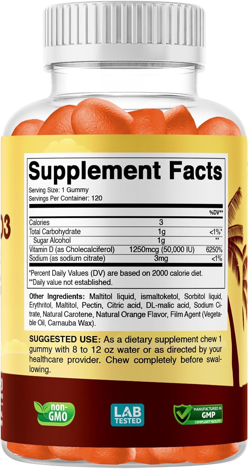 Vitabod Gominolas de Vitamina D3 sin Azúcar, 50.000 UI Semanales – 120 unidades – Apoyo para Huesos, Dientes y Sistema Inmunitario – Sin OGM, Fácil de Masticar