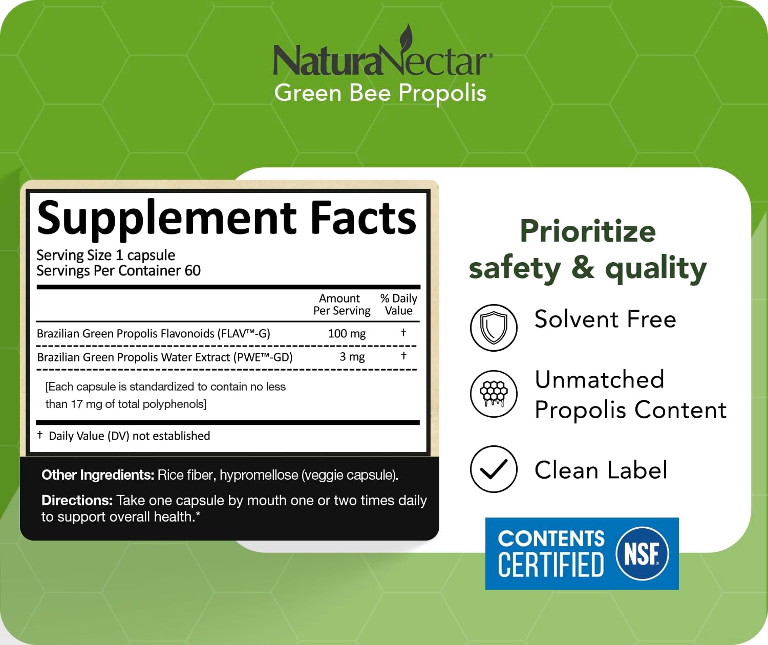 NaturaNectar - Green Bee Propolis Capsules - NSF Certified Brazilian Green Propolis - Gluten Free - 60 Capsules