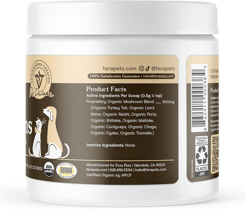 Fera Pets Suplemento de Hongos para Perros y Gatos con Cola de Pavo - USDA Orgánico - 120 Dosis