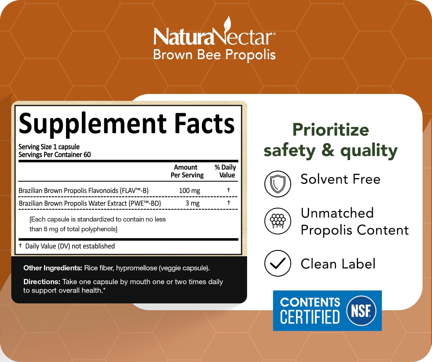 NaturaNectar - Brown Bee Propolis - 60 Capsules - NSF Certified - Gluten Free