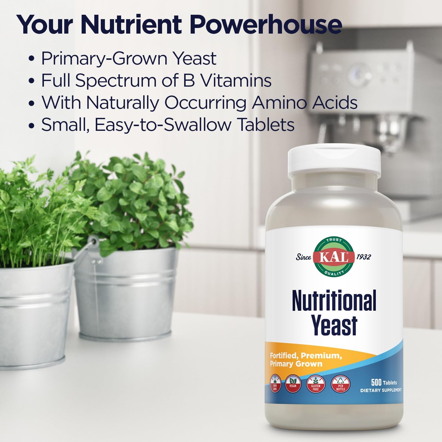 KAL Levadura Nutricional, Enriquecida con Vitaminas B, Biotina, Ácido Fólico, Aminoácidos, 500 Comprimidos