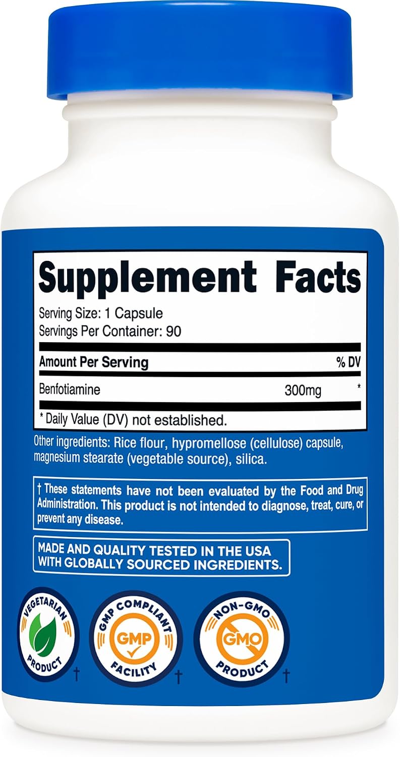 Nutricost Benfotiamina 300mg, 90 Cápsulas - Vitamina B1 Liposoluble Sin Gluten, No GMO, Vegetariano