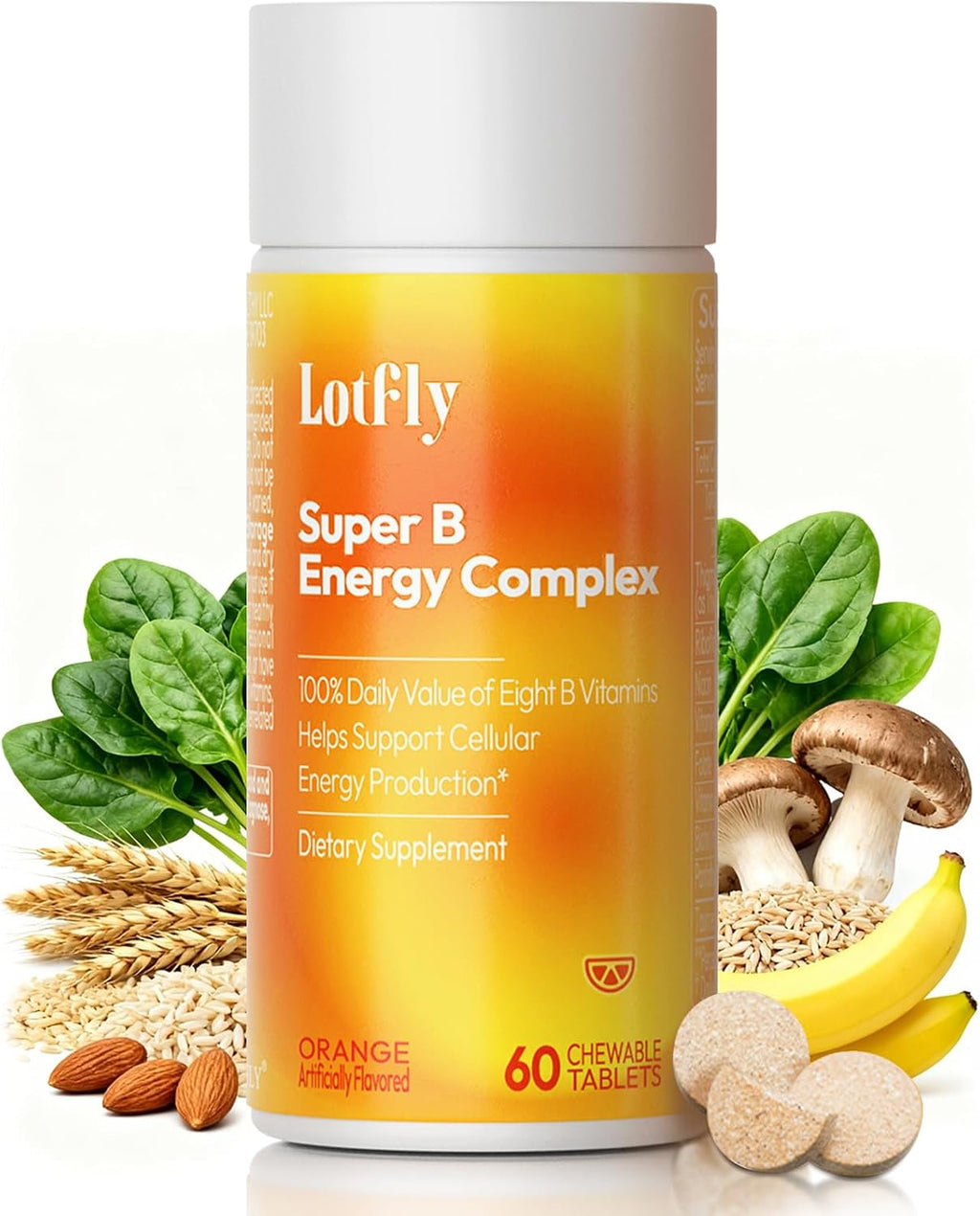 LOTFLY Complejo B Completo con Vitaminas B1-B12, Taurina y Naranja Sangre - 60 Comprimidos Masticables para Hombres y Mujeres