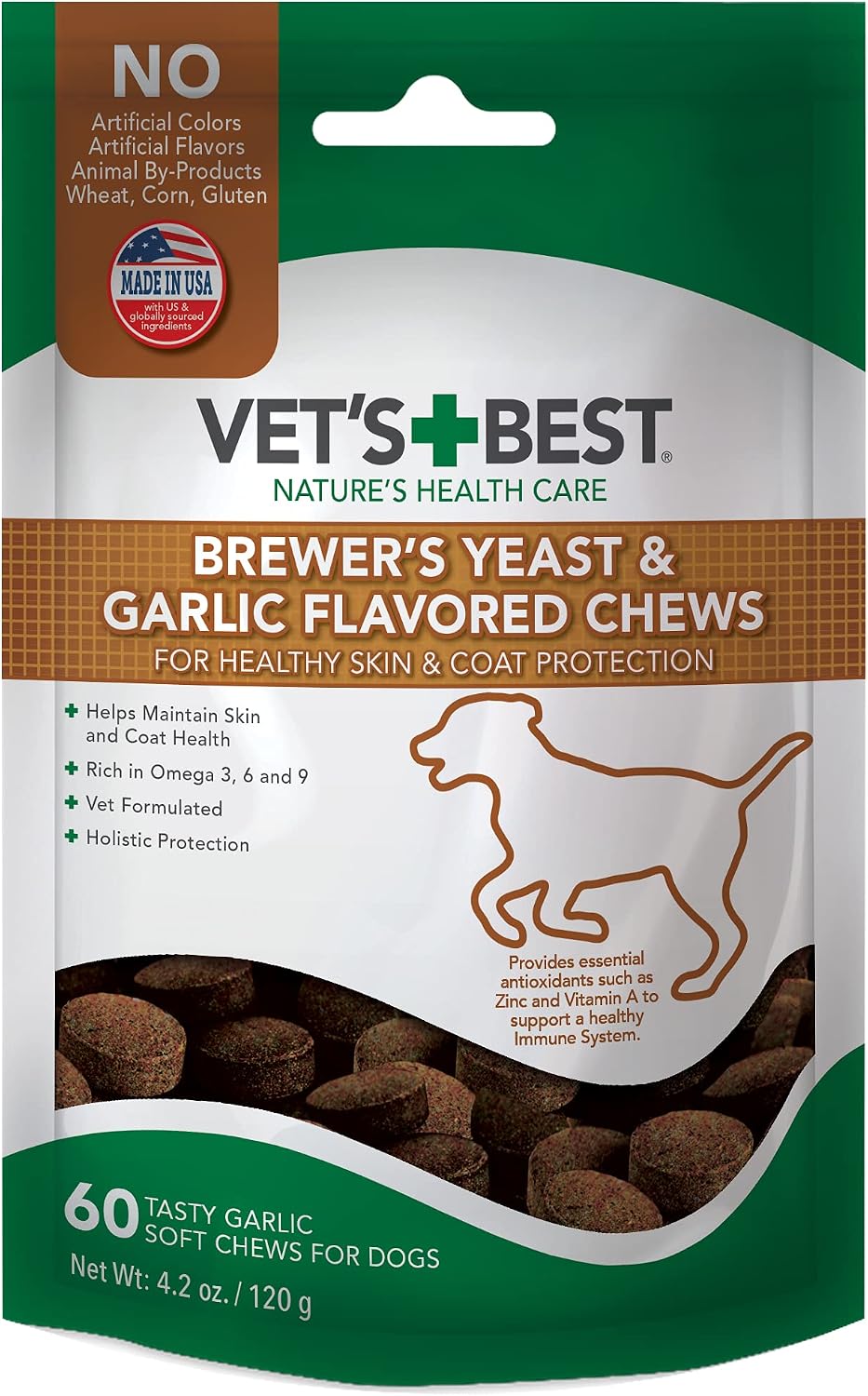 Vet's Best Snacks Masticables con Levadura de Cerveza y Ajo, Omega 3 para Perros, 60 unidades