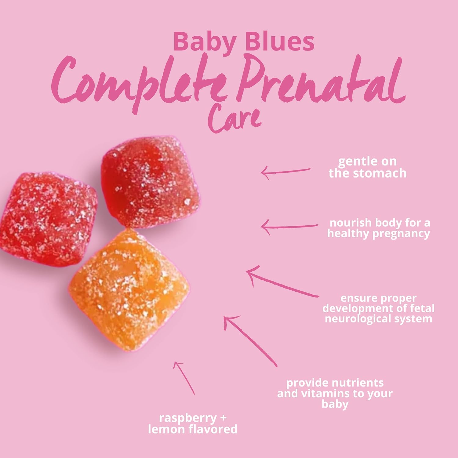 Baby Blues Gominolas Prenatales – Multivitamínico con DHA y Ácido Fólico, Sin Hierro, Sabor Limonada de Frambuesa (60 Gominolas)