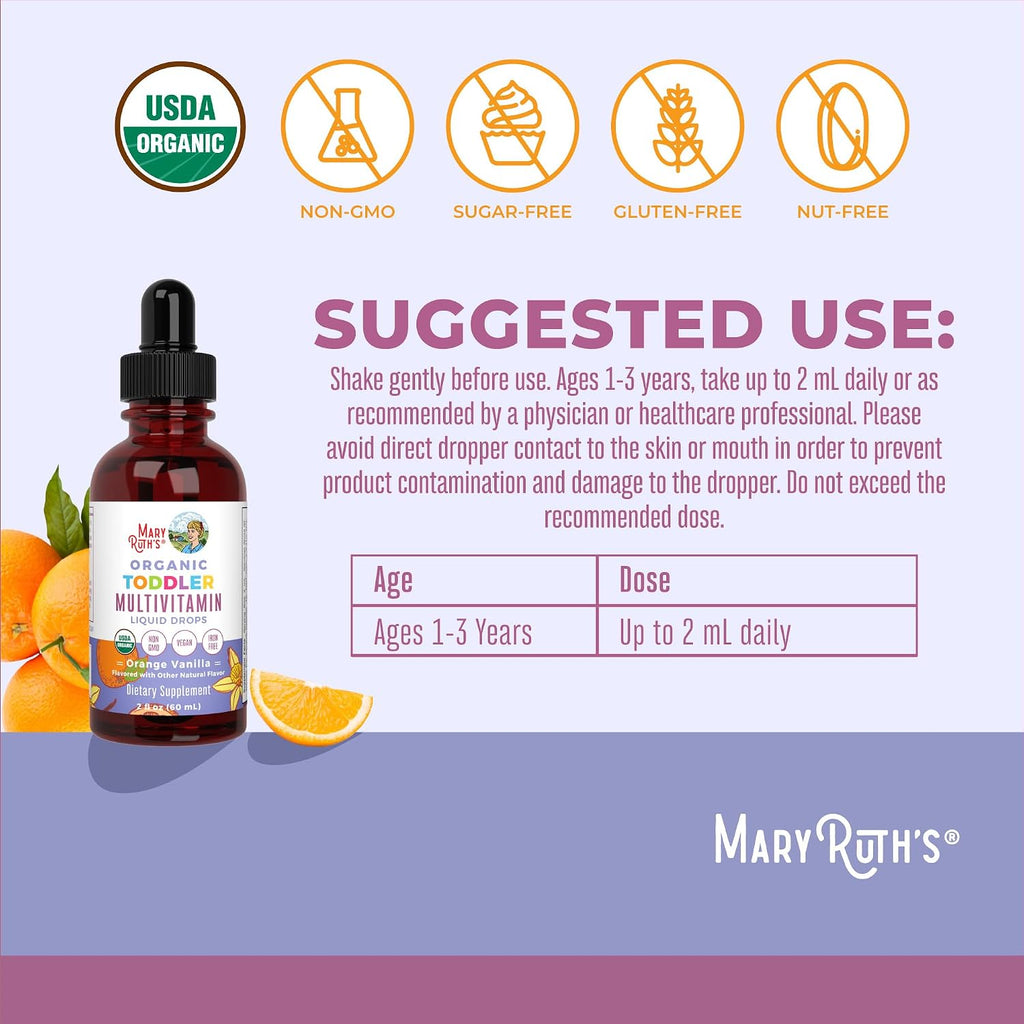 MaryRuth's Multivitamínico para Niños Pequeños | Vitaminas A C D E B6 B12 Zinc | Crecimiento Saludable | Inmunidad | Huesos | Función Cognitiva | Orgánico | Sin Azúcar | Vegano | No-GMO | 2 Fl Oz | 30 Días