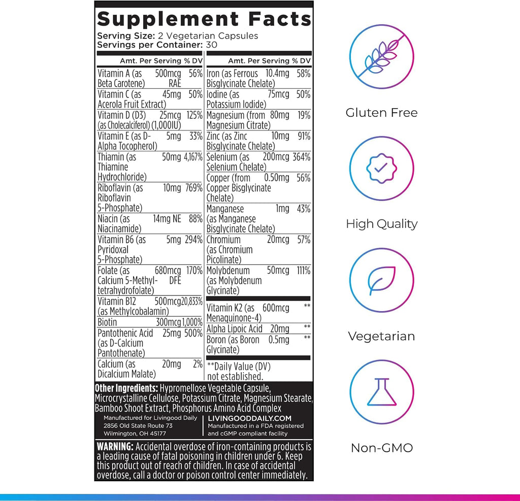 Livingood Daily Multivitamínico Metilado para Mujeres y Hombres, 60 Cápsulas