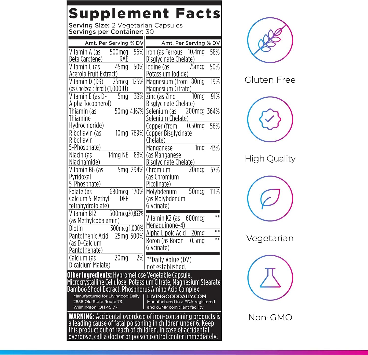 Livingood Daily Multivitamínico Metilado para Mujeres y Hombres, 60 Cápsulas
