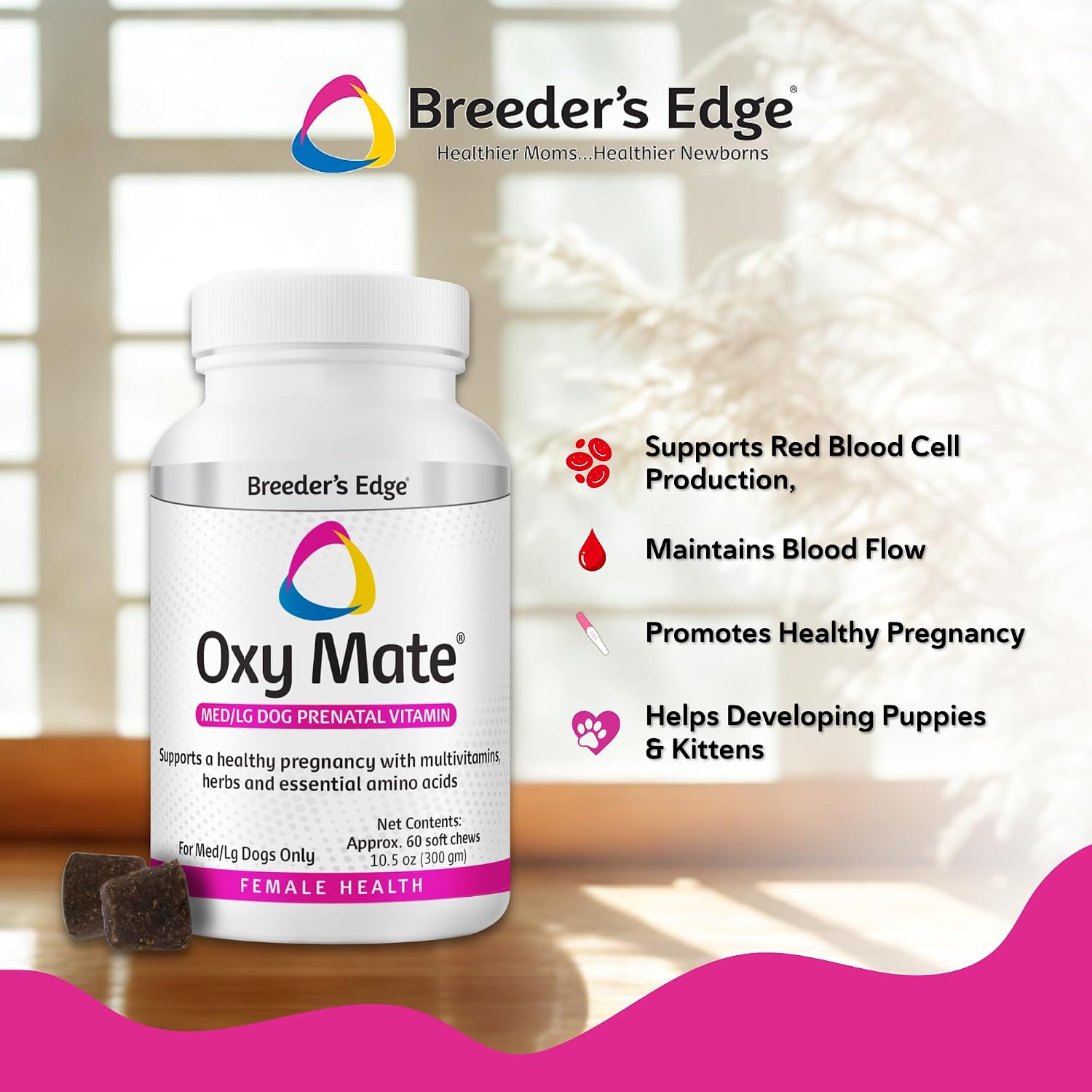 Breeder's Edge Oxy Mate Prenatal Vitamins for Dogs & Cats - Soft Chews with Iron, Folic Acid & Zinc - 60 Count