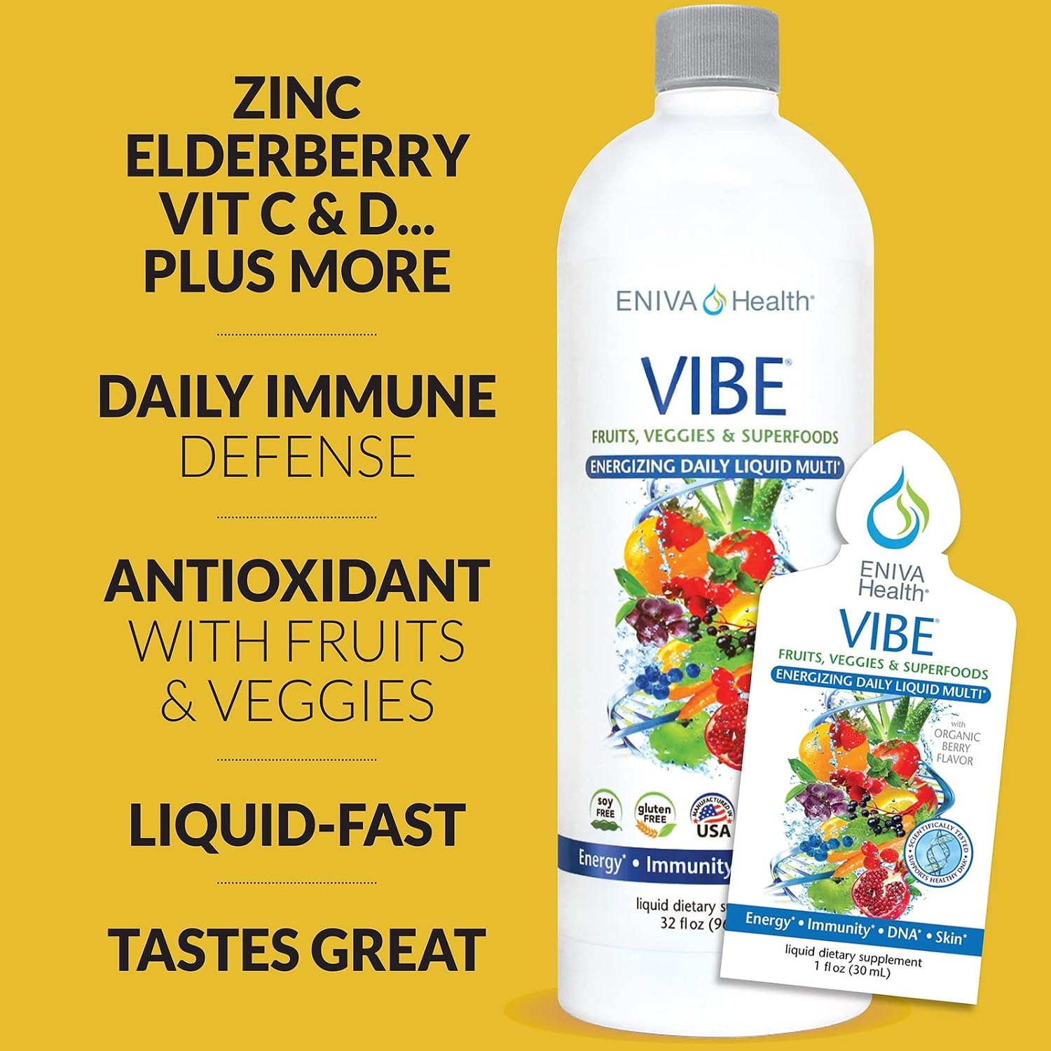 Eniva Health VIBE Multivitamínico Líquido - 32 Vitaminas, Minerales y Fitonutrientes - Suplemento Diario para Hombres y Mujeres - 950 ml