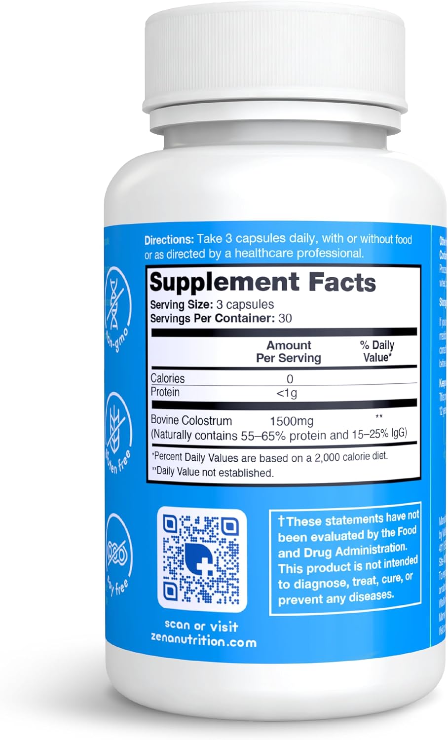 Zena Nutrition Pure Colostrum Capsules – Calostro Bovino Puro en Cápsulas, 1500mg