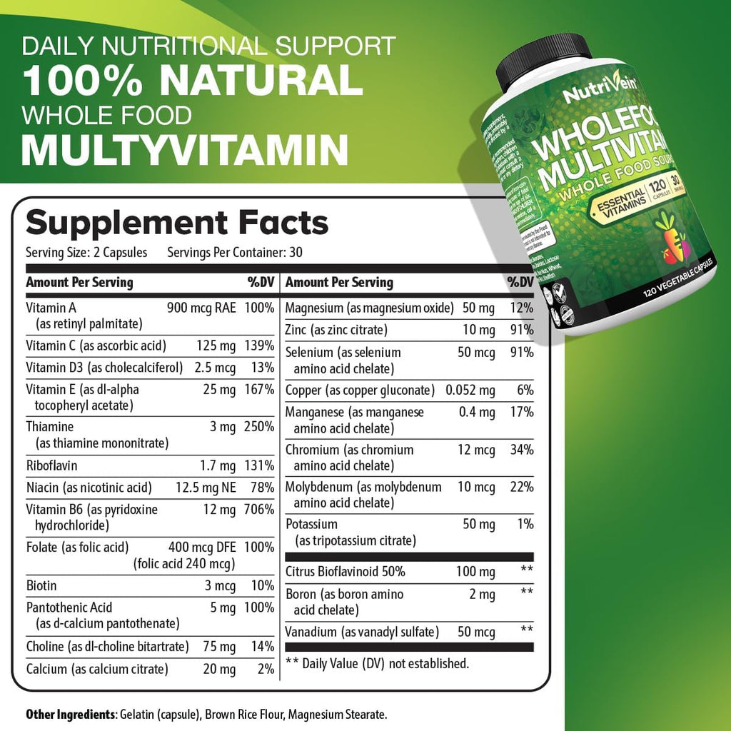 Nutrivein Multivitamínico de Alimentos Integrales para Hombres y Mujeres – 120 Cápsulas Veganas – Energía Diaria, Apoyo Inmunitario y Cardíaco – Mezcla de Frutas y Verduras + Vitaminas B