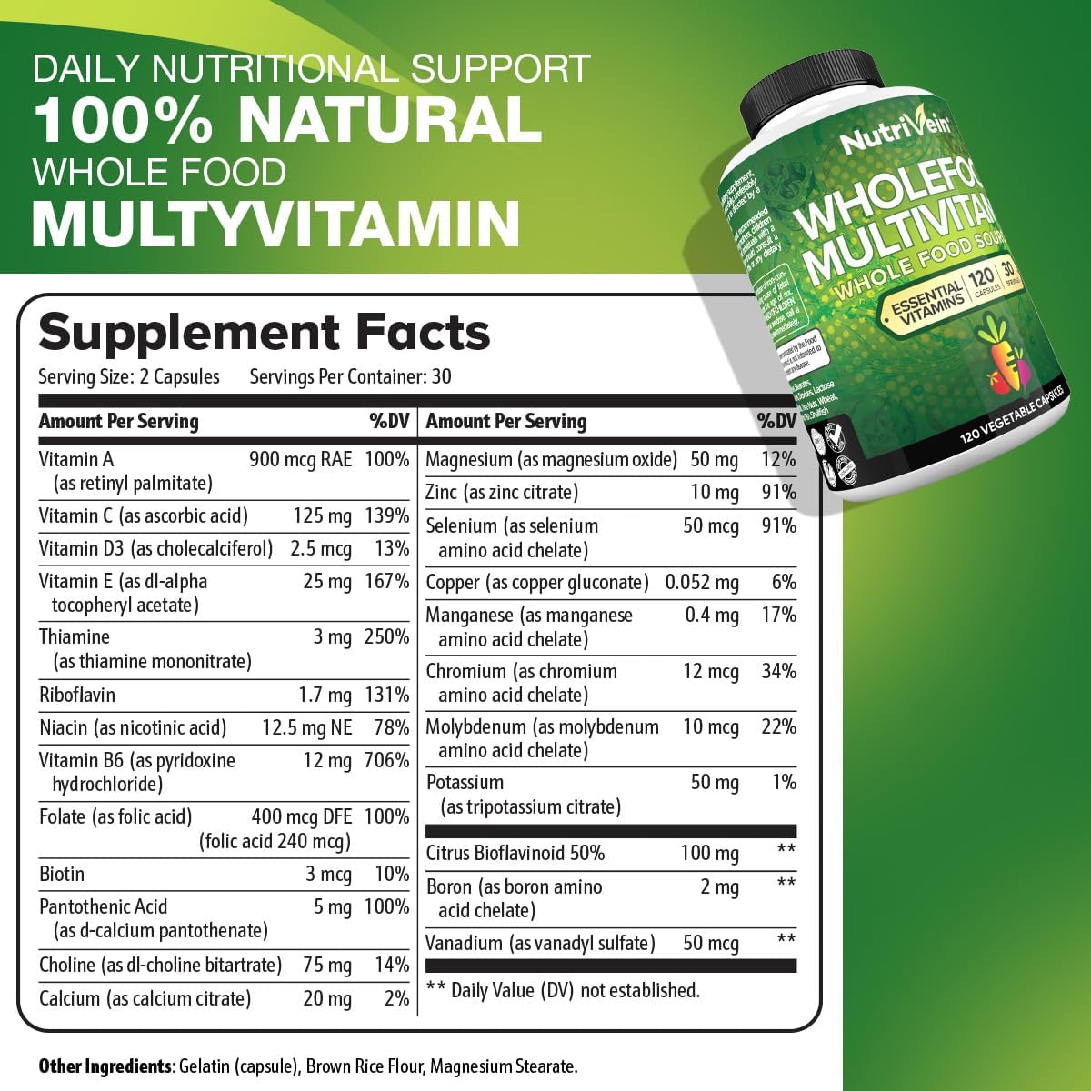 Nutrivein Multivitamínico de Alimentos Integrales para Hombres y Mujeres – 120 Cápsulas Veganas – Energía Diaria, Apoyo Inmunitario y Cardíaco – Mezcla de Frutas y Verduras + Vitaminas B