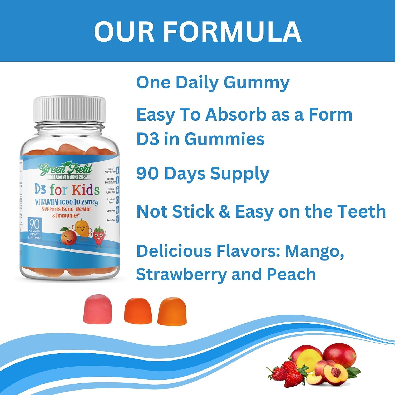 Greenfield Nutritions Vitamina D3 para Niños – 1000 UI – 90 Gominolas | Suplemento de Vitamina D masticable para niños, Apoya Huesos y Sistema Inmunológico | No-GMO, Sin Gelatina, Sin Gluten