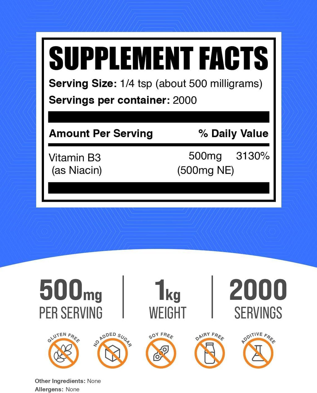 Niacin Powder 500mg - Vitamin B3, Flush Supplement (1 kg)
