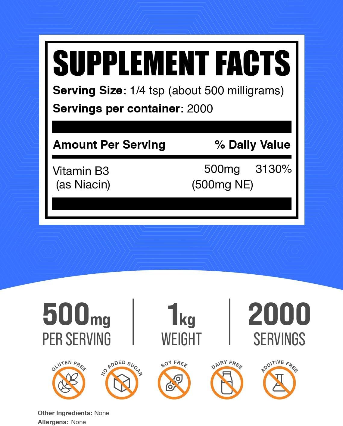 Niacin Powder 500mg - Vitamin B3, Flush Supplement (1 kg)