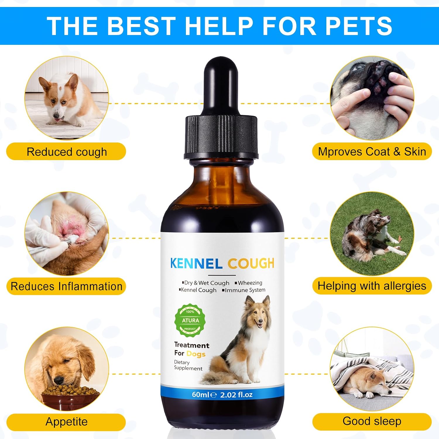 Tratamiento para la Tos en Perros - Gotas para la Tos de las Perreras, 100% Natural, Suplemento para la Tos y Alivio de Alergias, Gotas Herbales para Todas las Razas y Tamaños