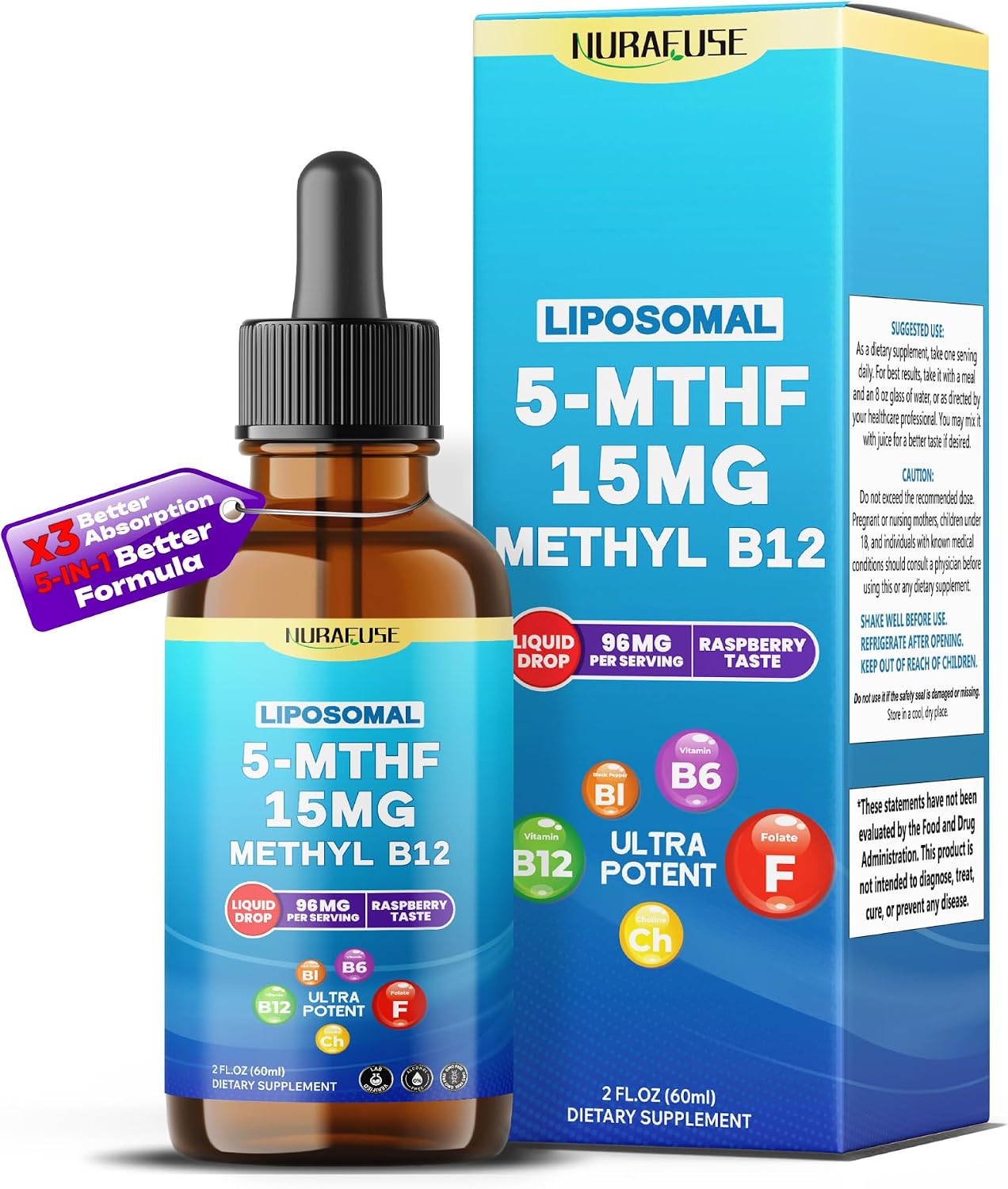 NURAFUSE Liposomal 5-MTHF 15mg & Methyl B12 Liquid Drops – 96mg per Serving, Ultra Potent, Raspberry Taste – 2 FL OZ (60ml)