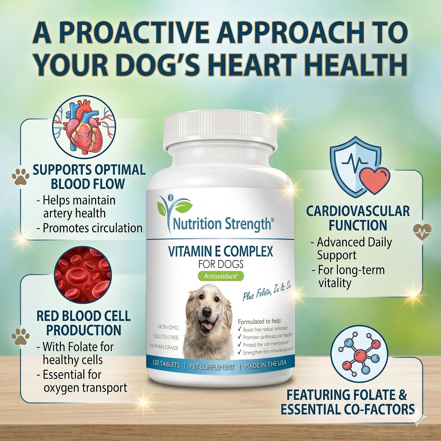 Complejo de Vitamina E para Perros con Zinc, Selenio, Folato y Aceite de Salmón - 120 Comprimidos Masticables