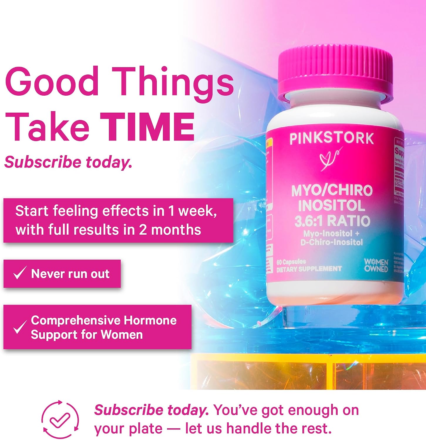 Pink Stork Myo-Inositol y D-Chiro Inositol: Mezcla 3.6:1 para el Equilibrio Hormonal y la Fertilidad - 60 Cápsulas