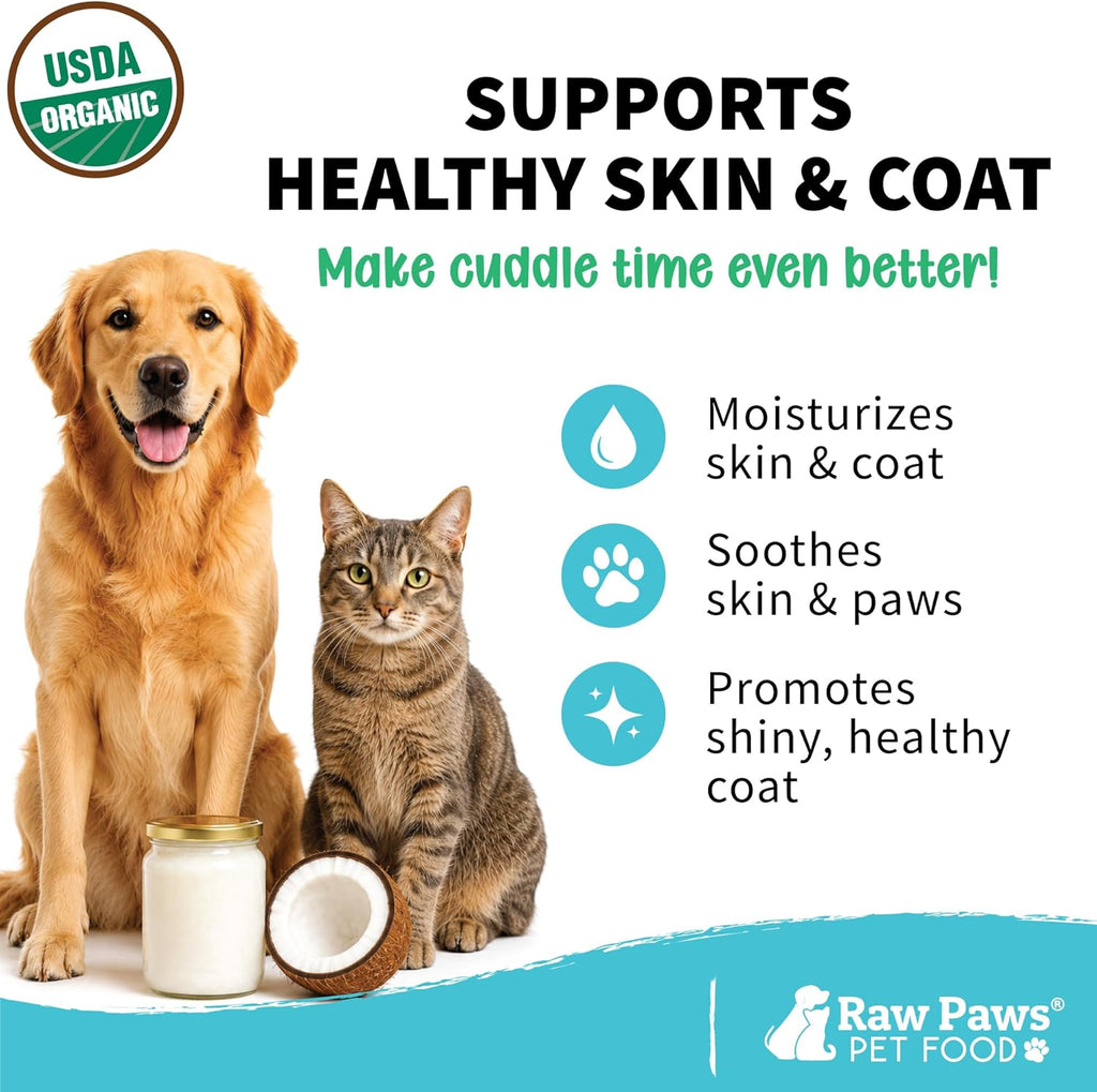 Raw Paws Aceite de Coco Virgen Orgánico para Perros y Gatos, 236 ml – Apoya el Sistema Inmunológico, Digestión, Salud Oral, Tiroides – Alivio Natural de Alergias para Perros – Alivio de Bolas de Pelo