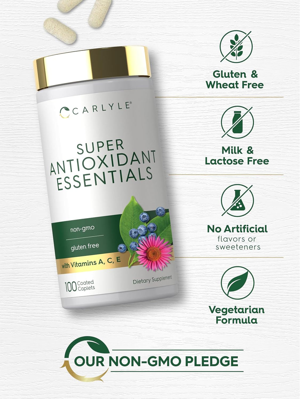 Carlyle Suplemento Antioxidante con Vitaminas A, C y E | 100 Comprimidos | Complejo Nutricional | Fórmula No GMO, Sin Gluten