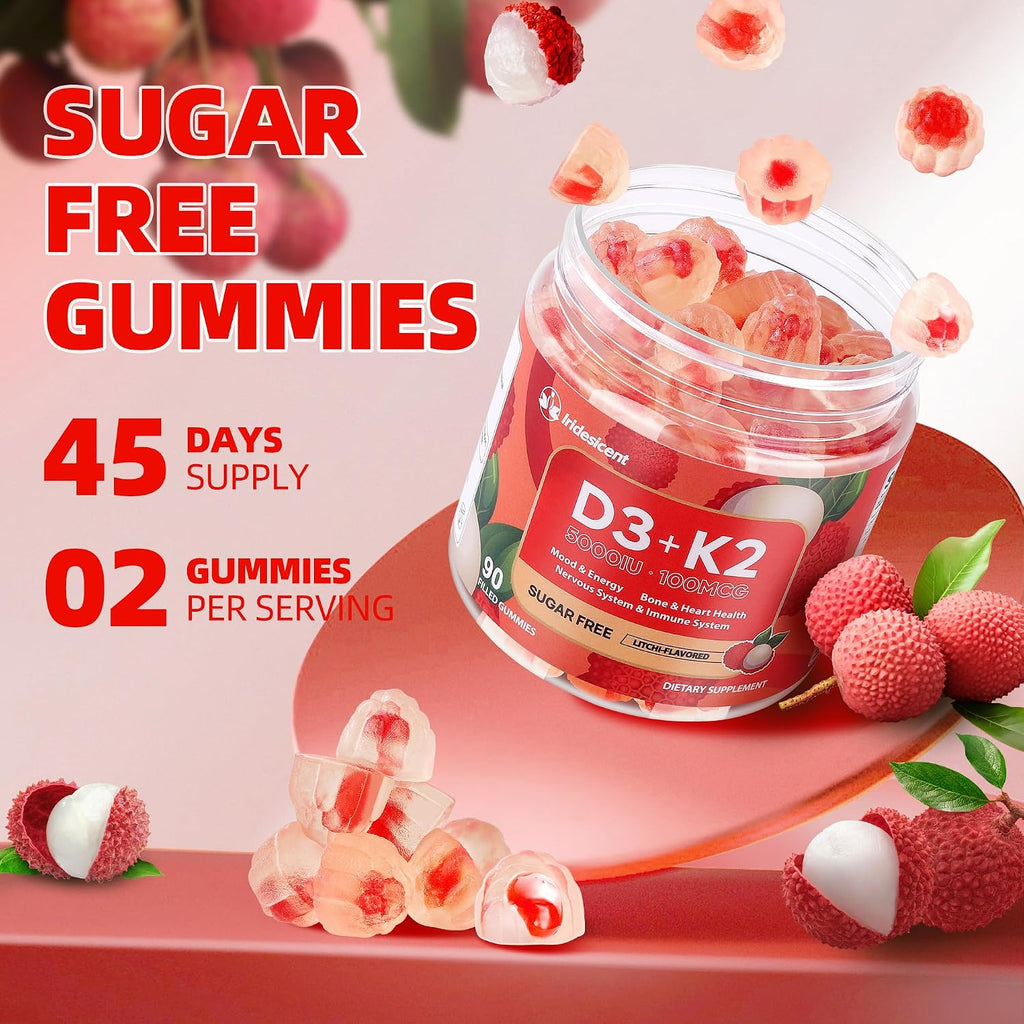 IRIDESICENT Gominolas de Vitamina D3 y K2 Sin Azúcar - 90 uds | 5000 UI D3 + 100 mcg K2 (MK-7) | Vegano, Sabor Lychee