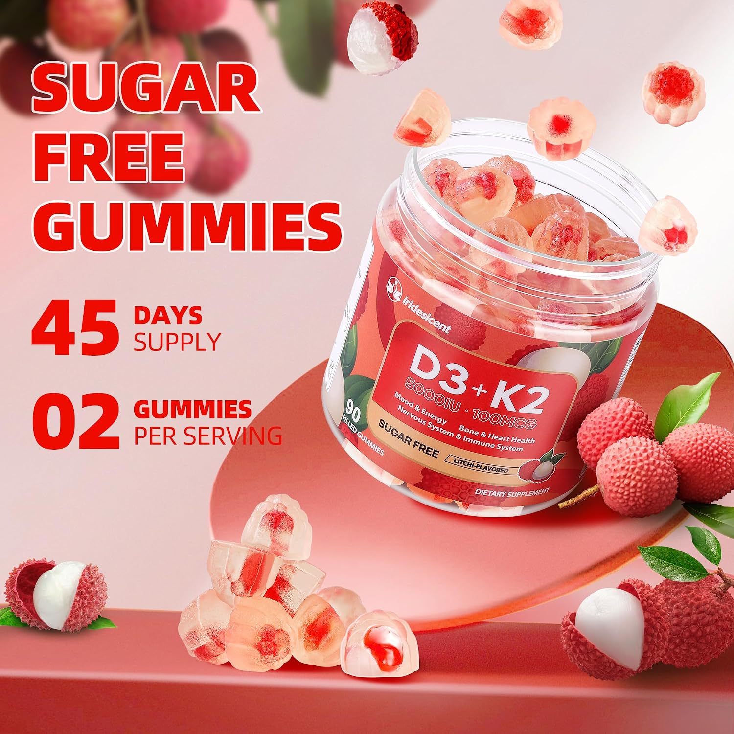 IRIDESICENT Gominolas de Vitamina D3 y K2 Sin Azúcar - 90 uds | 5000 UI D3 + 100 mcg K2 (MK-7) | Vegano, Sabor Lychee