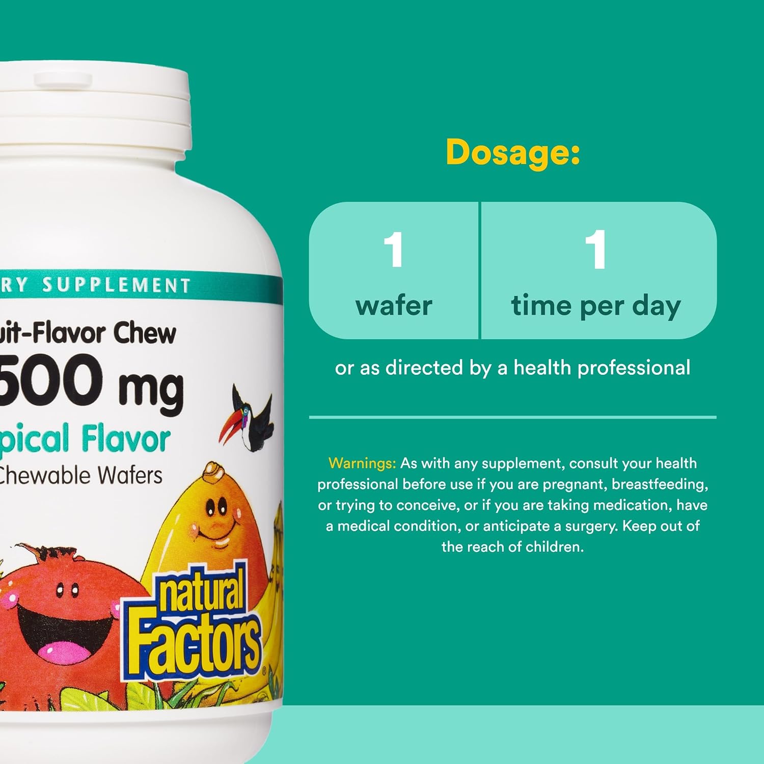 Natural Factors Vitamina C Masticable para Niños 500 mg, Sabor Tropical, 180 Comprimidos