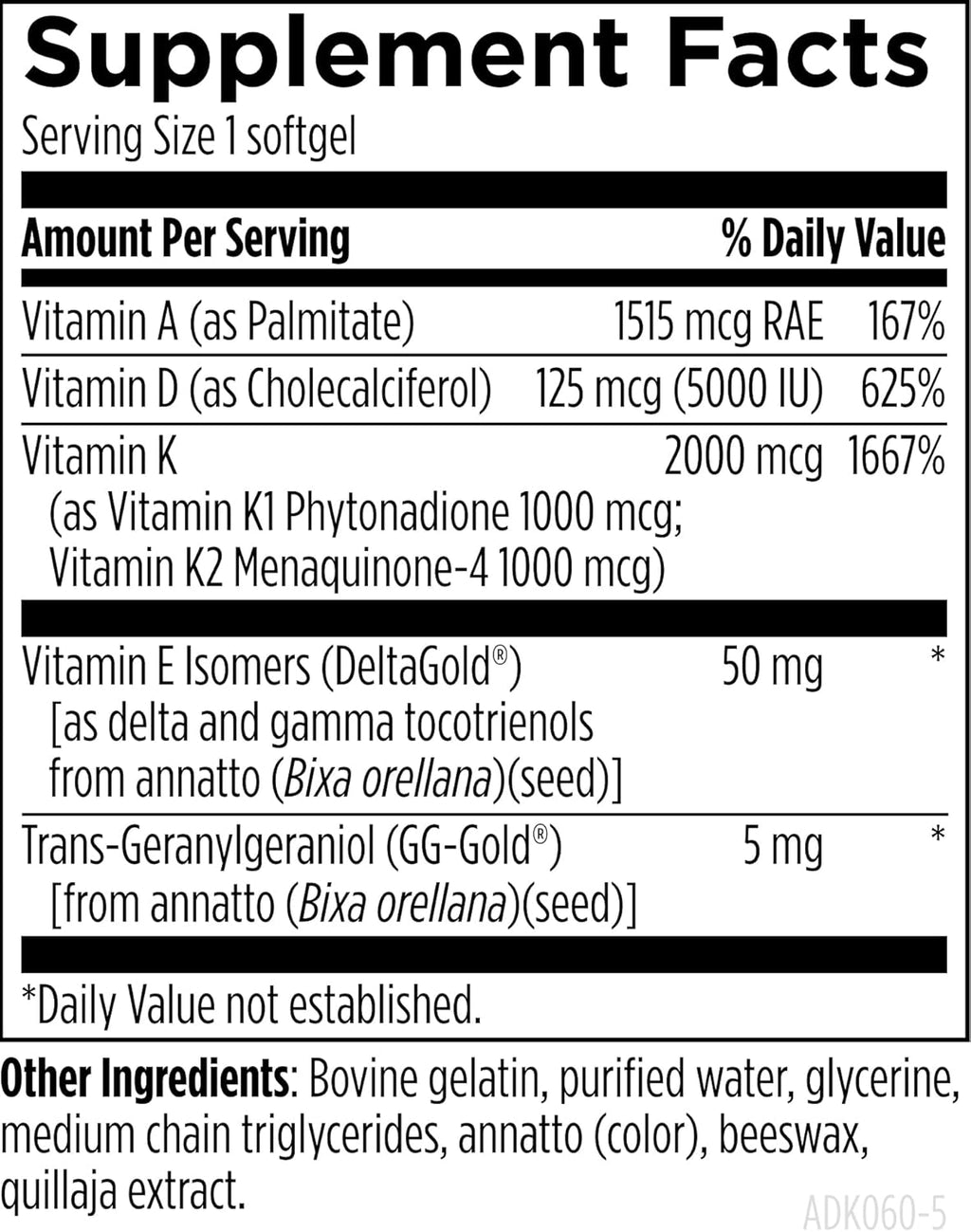 Designs for Health ADK Evail - 5000 UI Vitamina D3 con Vitaminas A, E y K (K1+K2) - Complejo Liposoluble - 60 Cápsulas blandas