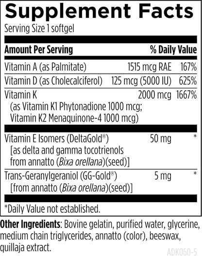 Designs for Health ADK Evail - 5000 UI Vitamina D3 con Vitaminas A, E y K (K1+K2) - Complejo Liposoluble - 60 Cápsulas – Image 5