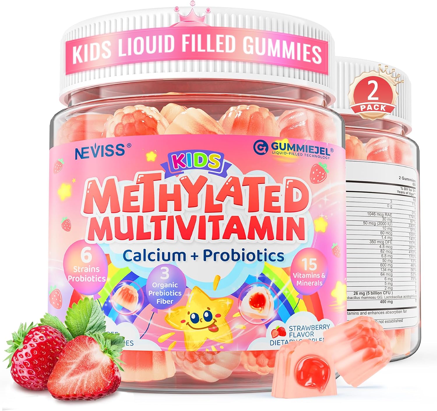Neviss Multivitamínico Infantil en Gominolas + Calcio, Probióticos, Vitamina D3, C, B12 Metilada y Metilfolato - 60 Gominolas