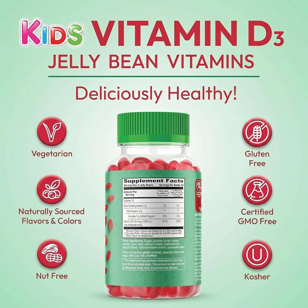 Human Beanz Vitamin D3 Jelly Bean Gummies para Niños, 25mcg/1000 UI, 120 Gominolas Sabor Fresa