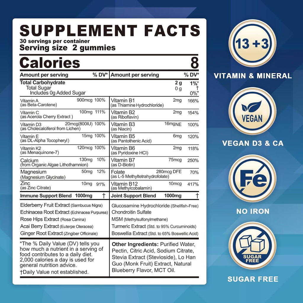 LILICARE Multivitamínico sin azúcar para mayores de 50 años con glucosamina, condroitina y MSM - 60 gominolas
