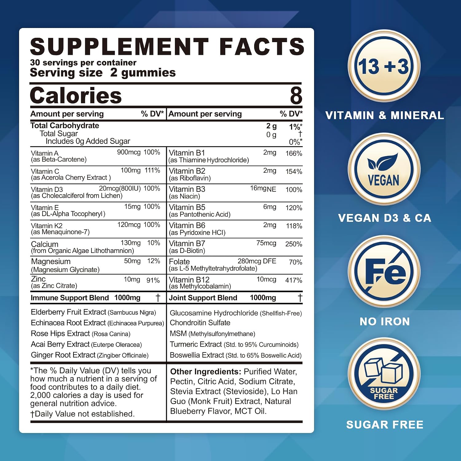 LILICARE Multivitamínico sin azúcar para mayores de 50 años con glucosamina, condroitina y MSM - 60 gominolas