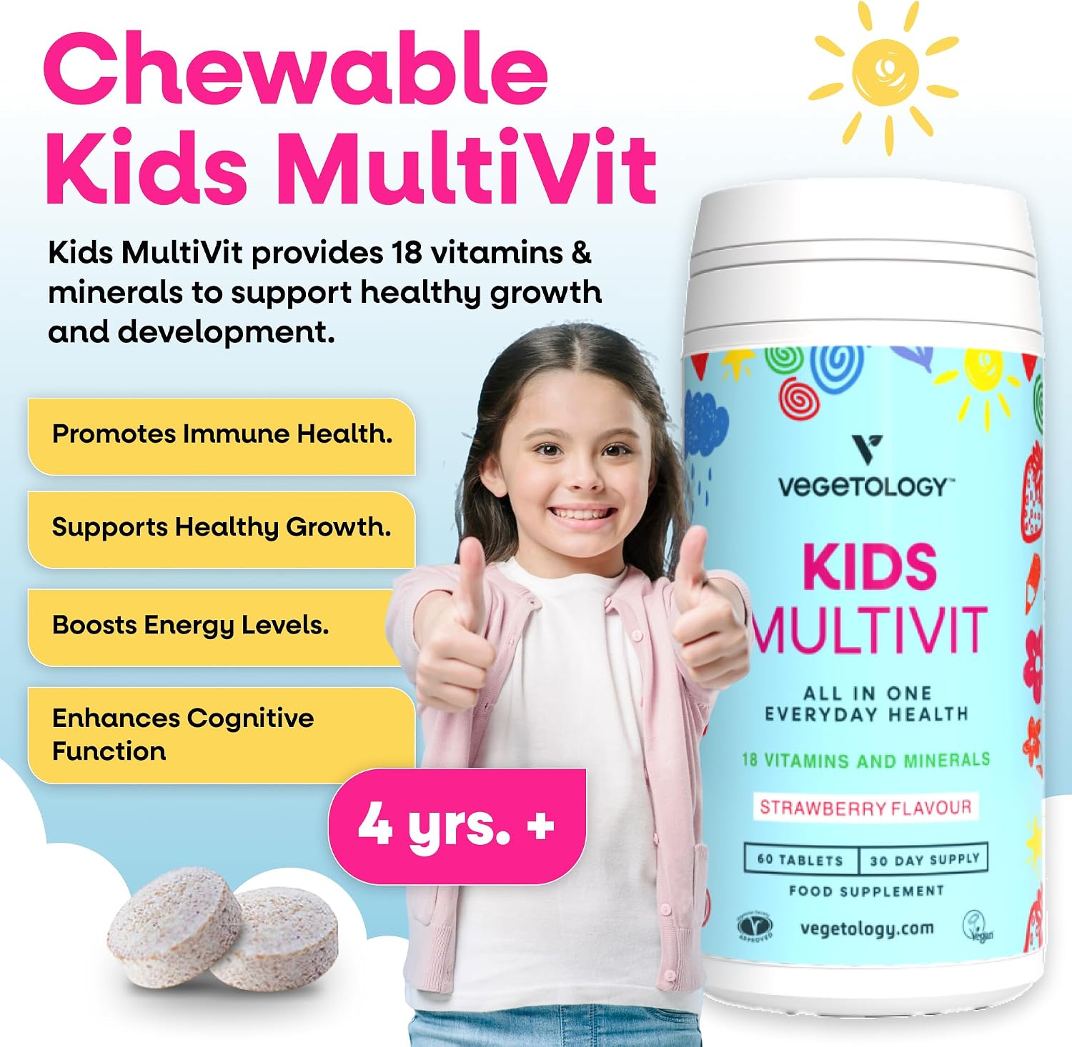 VEGETOLOGY Kids MultiVitamin - Multivitamínico infantil vegano masticable, 60 comprimidos sabor fresa