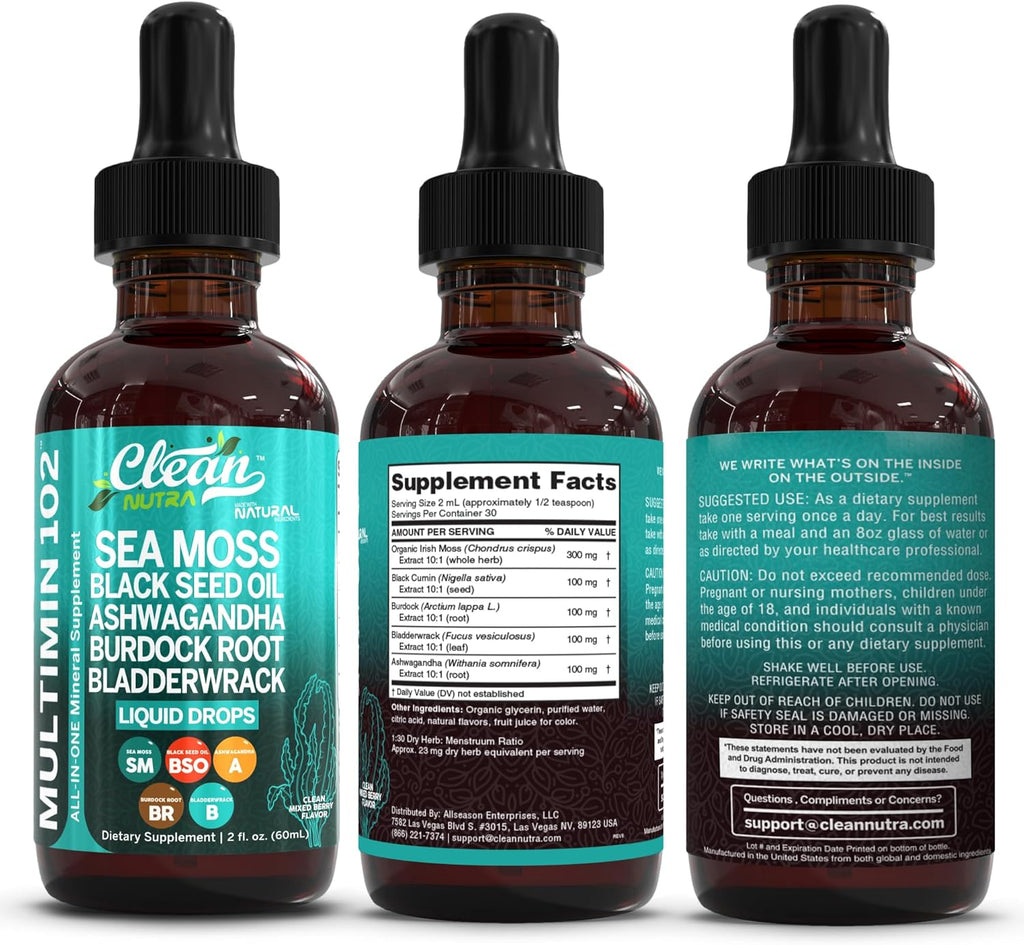 Clean Nutra Organic Sea Moss Drops - Multimineral Líquido con Ashwagandha y Aceite de Nigella