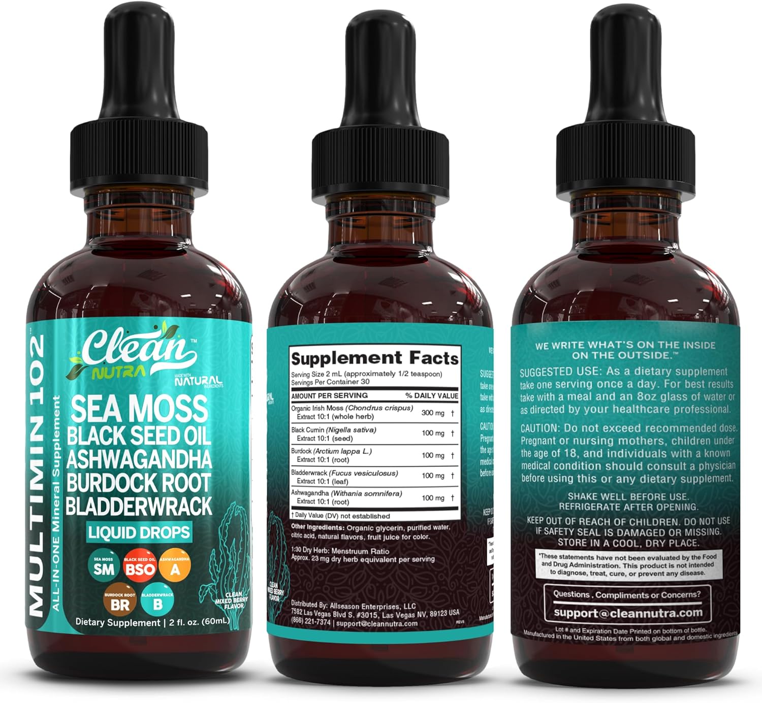 Clean Nutra Organic Sea Moss Drops - Multimineral Líquido con Ashwagandha y Aceite de Nigella