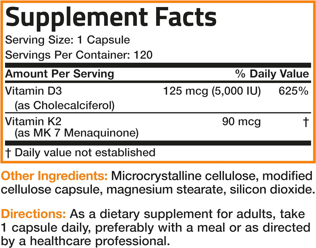 Bronson Vitamina K2 D3 (MK7) Suplemento 2-en-1 Complejo D3 y K2, 120 Cápsulas