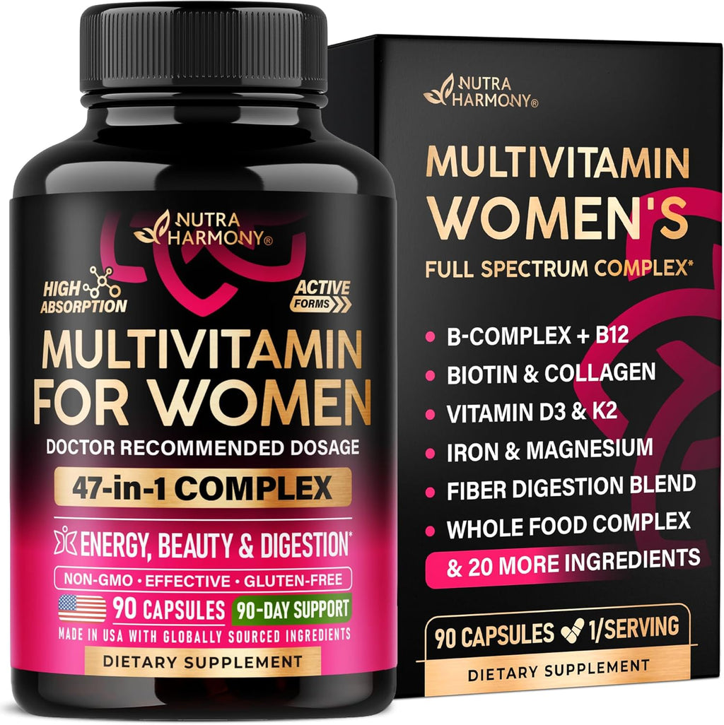 NUTRAHARMONY Multivitamínico para Mujeres 47 en 1 con Complejo B, Hierro y Alimentos Integrales - 90 Cápsulas (3 Meses)