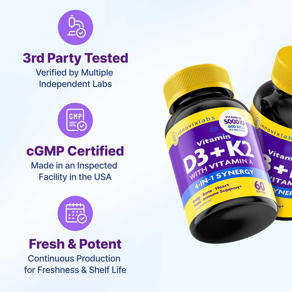 InnovixLabs Vitamina D3 K2 - 5000 UI + 600 mcg K2 MK4 y MK7, 60 Cápsulas Blandas