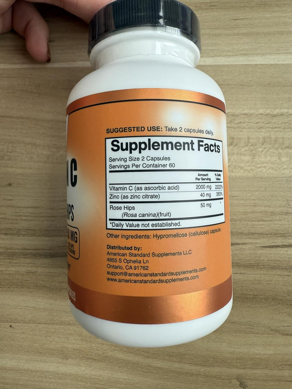 American Standard Supplements Vitamina C 2000mg con Zinc y Escaramujo - 120 Cápsulas