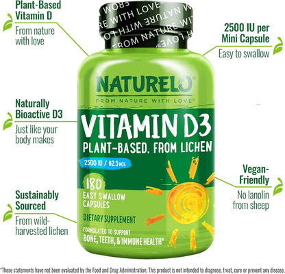 NATURELO Vitamina D3 2500 UI a partir de Liquen - Vegano - 180 Cápsulas – Image 2