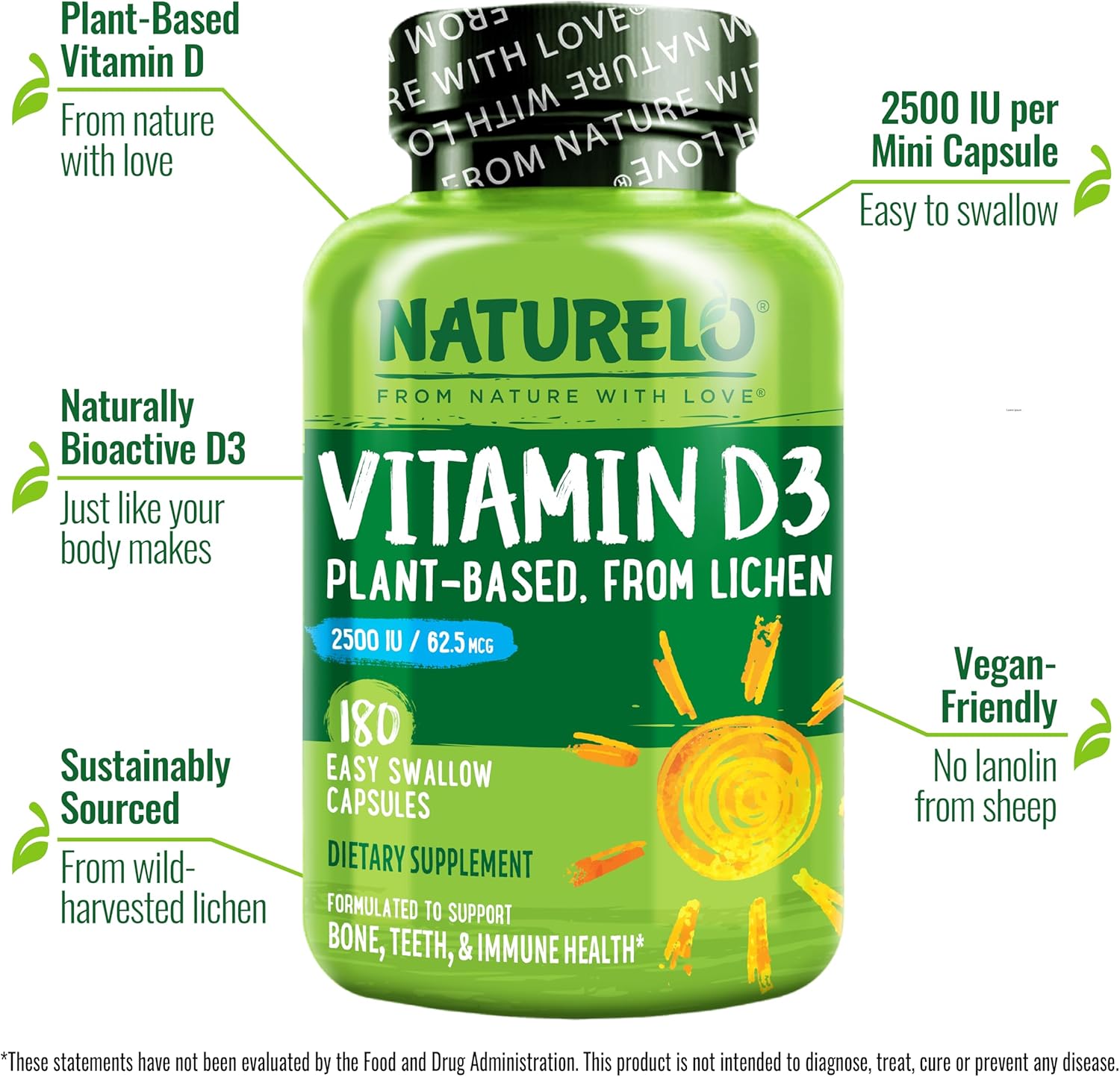 NATURELO Vitamina D3 2500 UI – Vegana a partir de Líquenes – 180 Cápsulas