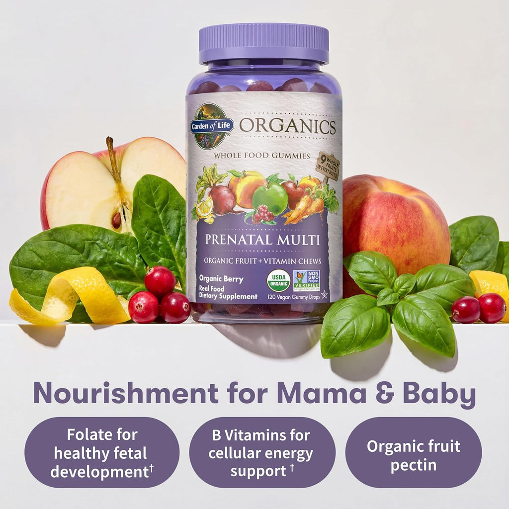 Garden of Life Organics Prenatal Gummies – Vitaminas prenatales para mujeres con apoyo al metabolismo energético y desarrollo fetal saludable, sabor a bayas, ecológico, vegano, suministro para 30 días